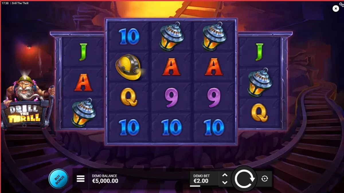 Tampilan antarmuka slot Drill the Thrill dengan tema tambang dan bor emas.
